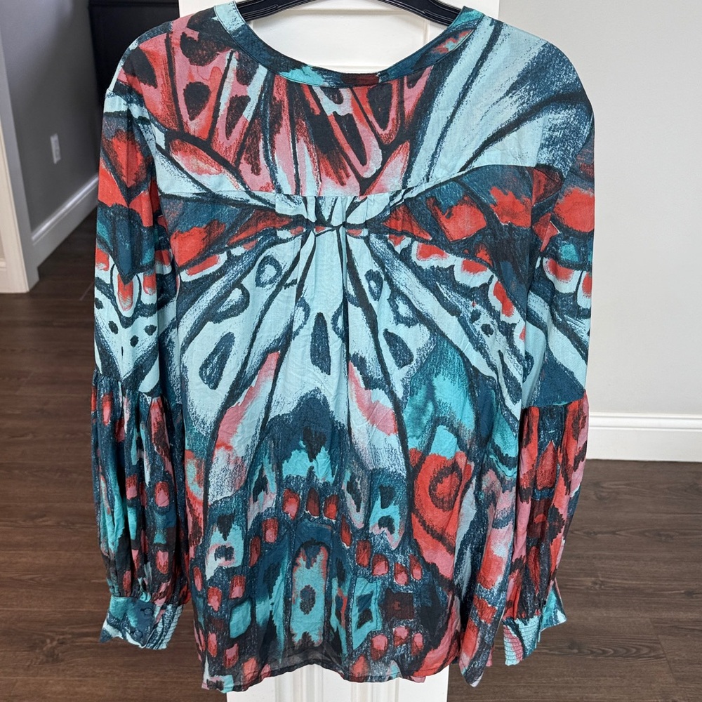 Chico's Butterfly Wing Print Modal Blouse Teal Red Size 2 L 12/14 - Picture 7 of 8